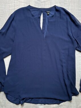 Ann Taylor Navy Split-Front Long Sleeve Blouse